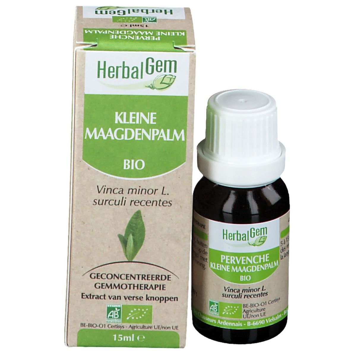 Flacone di vetro marrone e scatola. Scatola con testo, logo e certificazione bio. Flacone con tappo bianco.