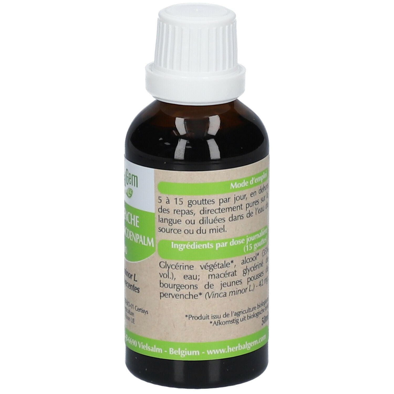 Flacone di vetro marrone con tappo bianco. Etichetta con istruzioni per il dosaggio. HerbalGem Pervenche Bio.