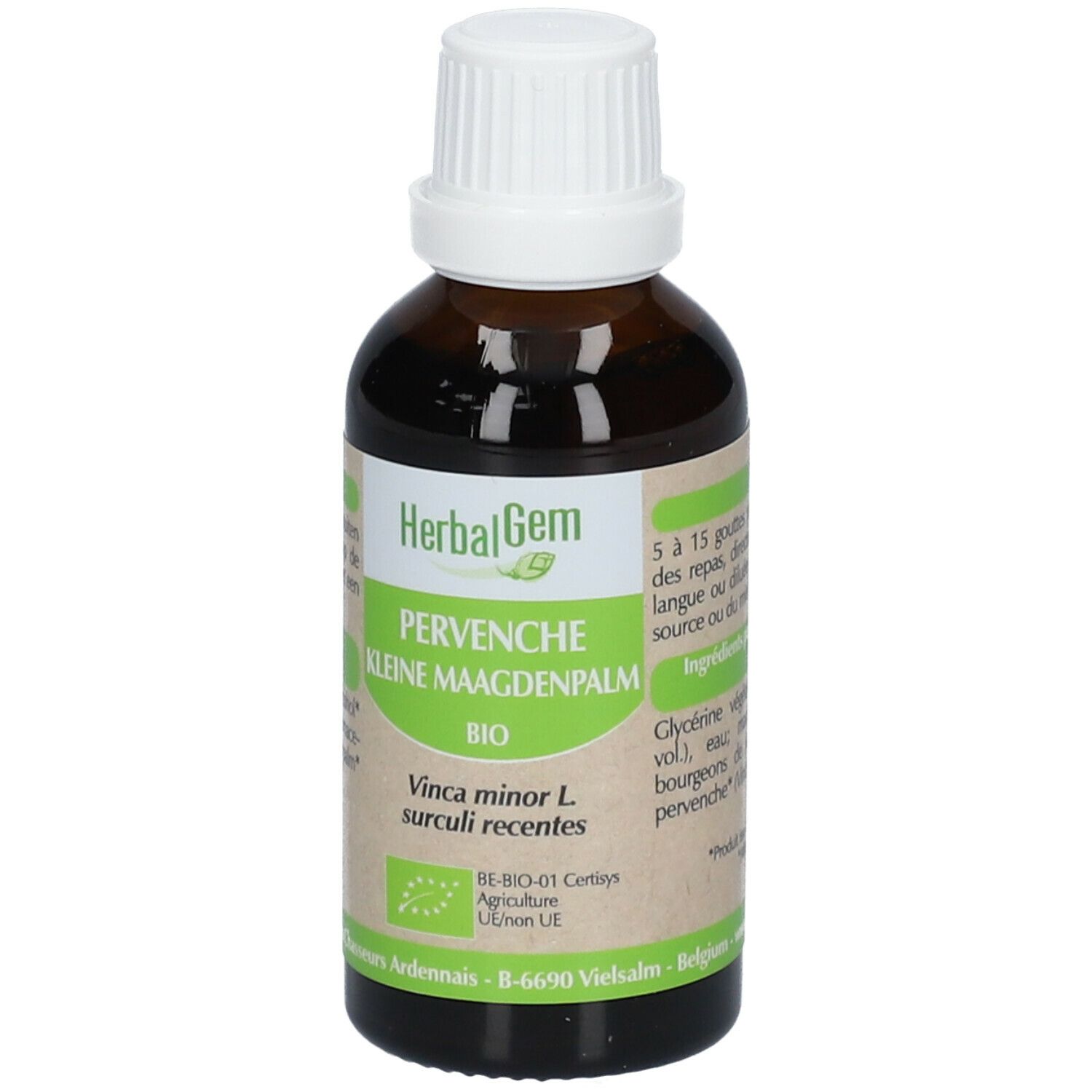 Flacone di vetro marrone con tappo bianco. Etichetta con nome del prodotto e marchio bio. HerbalGem Pervenche Bio.