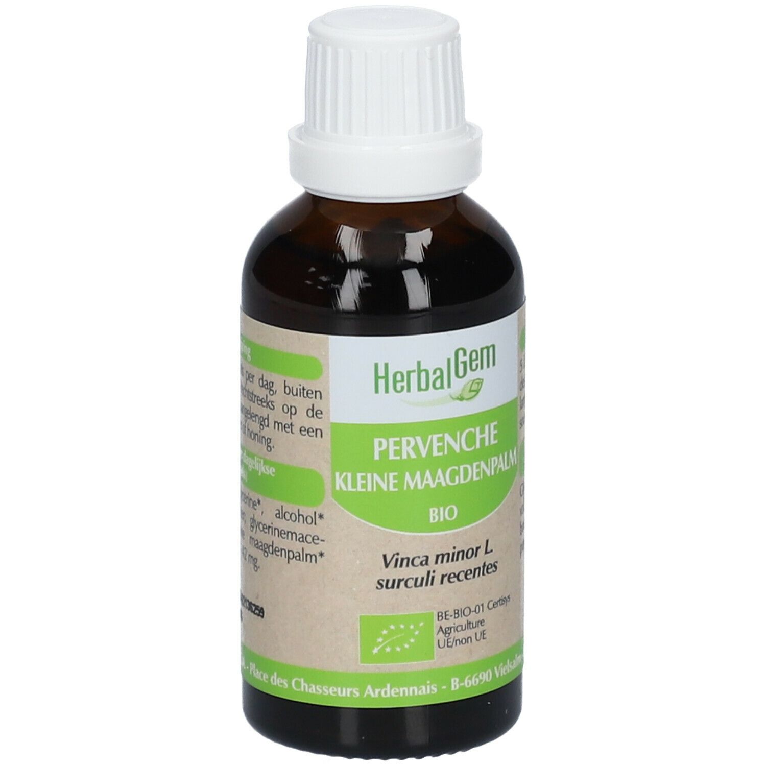 Flacone di vetro marrone con tappo bianco. Etichetta con nome del prodotto e marchio bio. HerbalGem Pervenche Bio.