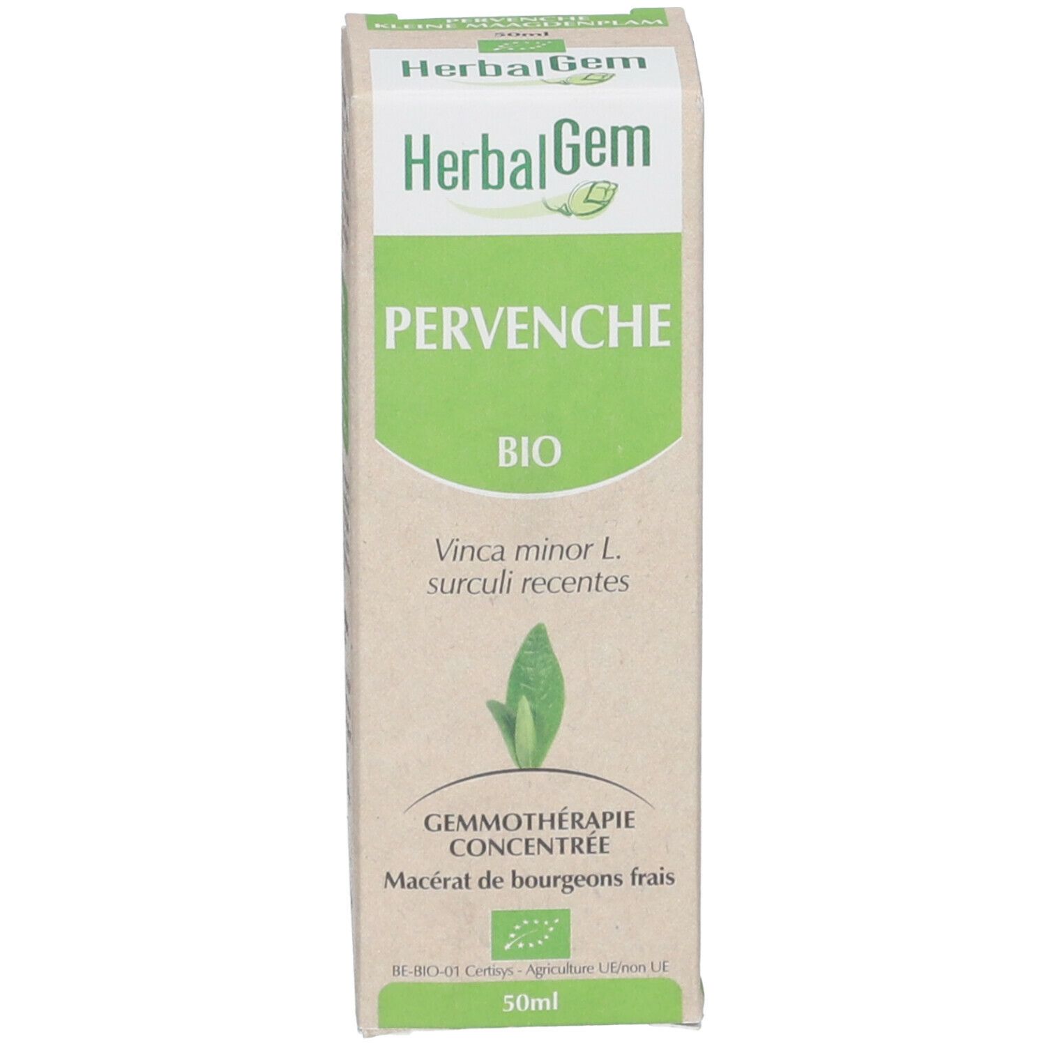Confezione del prodotto. Scatola con nome del prodotto e logo. HerbalGem Pervenche Bio. Certificazione bio e informazioni.