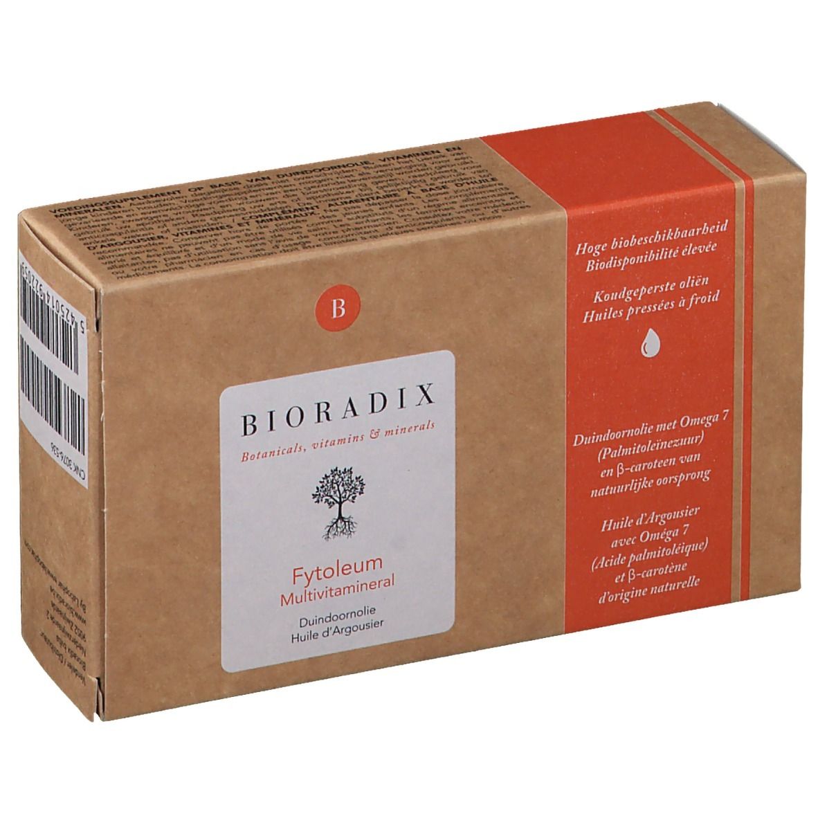 Confezione in cartone con informazioni sul prodotto. Scritta: Bioradix, Fytoleum Multivitamineral, Dundoornolie Huile d'Argousier.