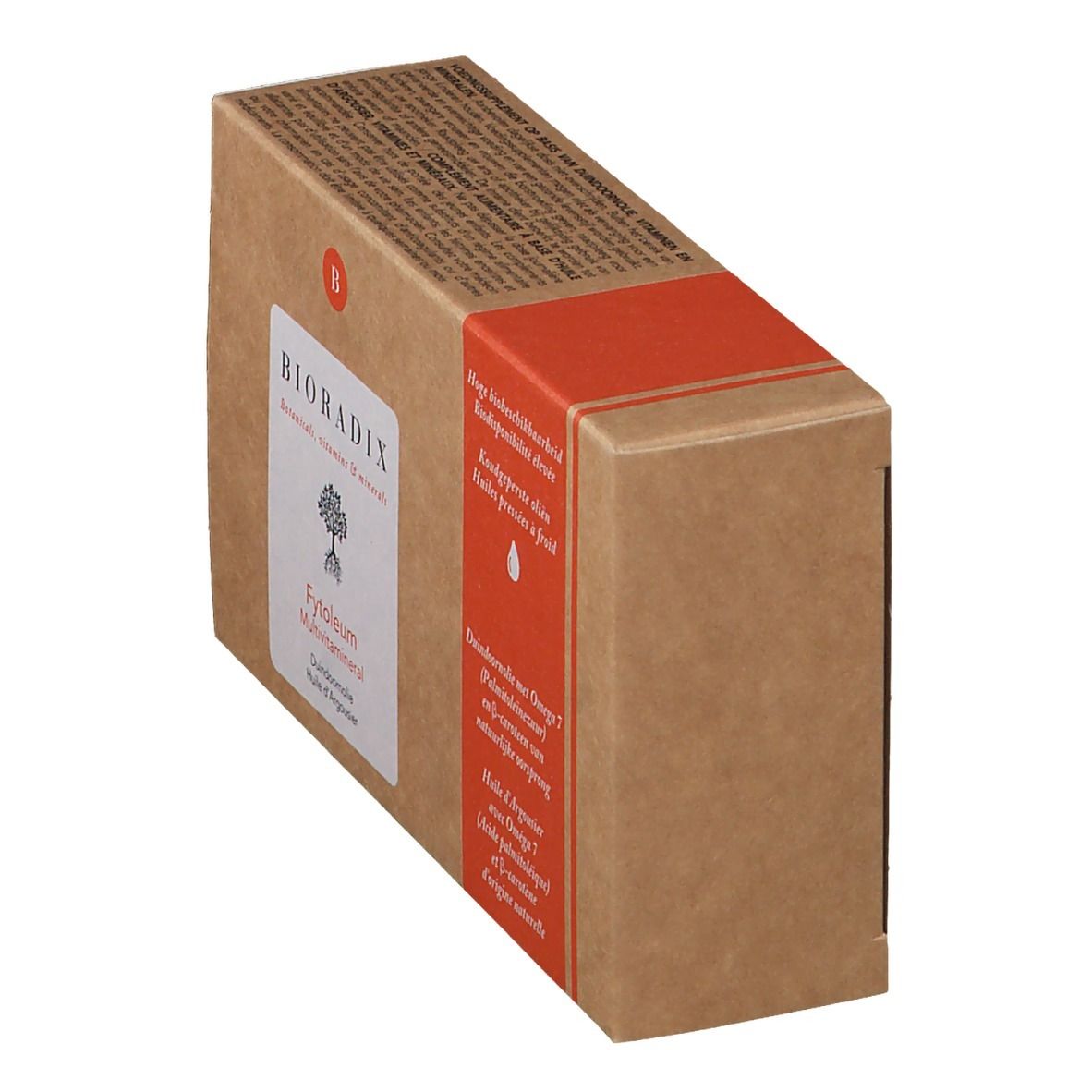 Confezione in cartone, vista obliqua. Scritta: Bioradix, Fytoleum Multivitamineral, Dundoornolie Huile d'Argousier. Striscia rossa con testo.
