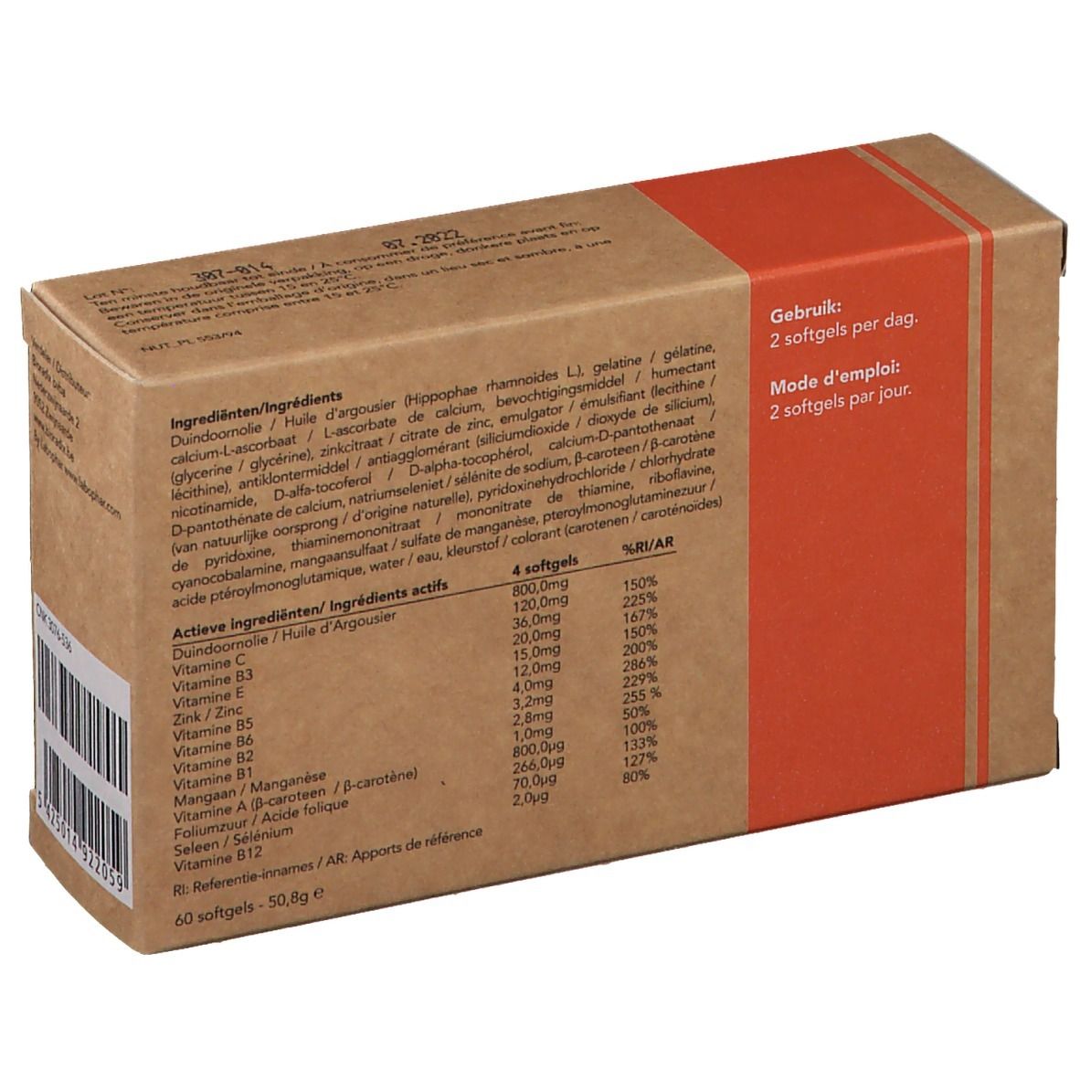 Retro della confezione in cartone. Contiene ingredienti e informazioni nutrizionali. Striscia rossa con indicazione del dosaggio: 2 softgel al giorno.