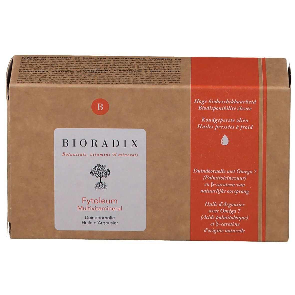 Confezione in cartone con informazioni sul prodotto. Scritta: Bioradix, Fytoleum Multivitamineral, Dundoornolie Huile d'Argousier. Striscia rossa.