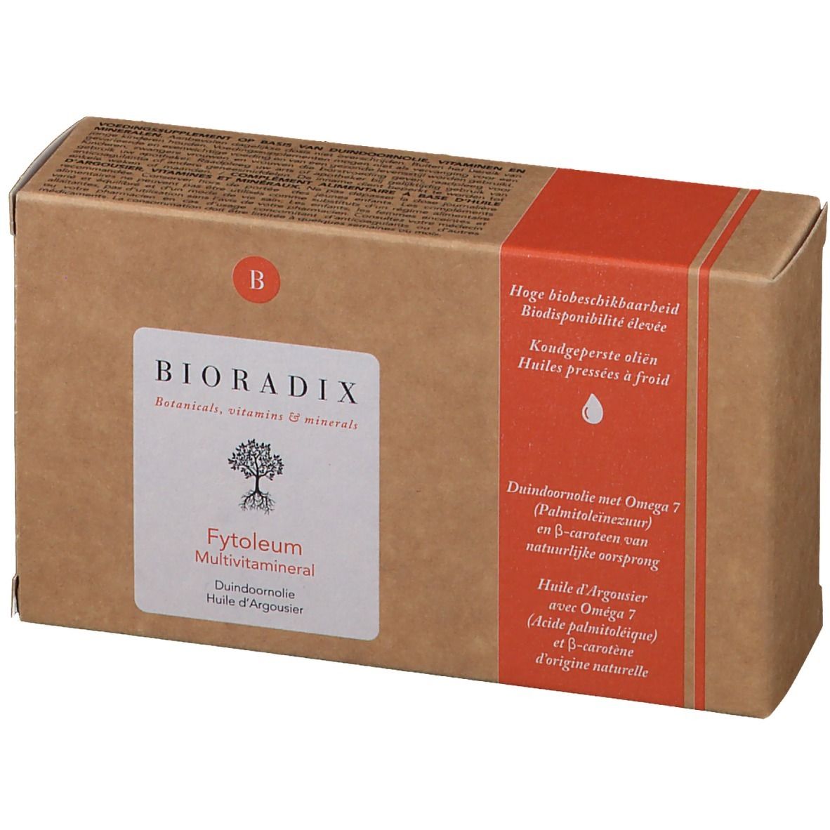 Confezione in cartone con informazioni sul prodotto. Scritta: Bioradix, Fytoleum Multivitamineral, Dundoornolie Huile d'Argousier. Striscia rossa.