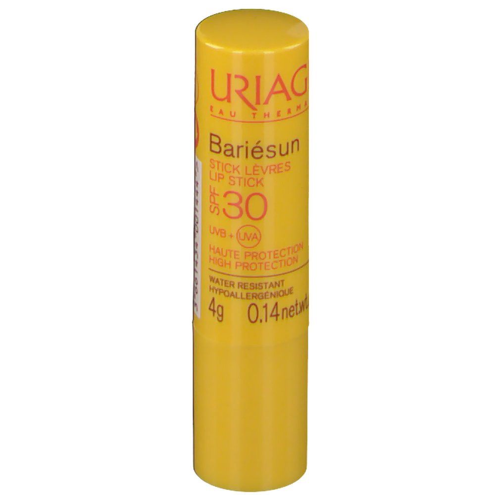 Stick labbra giallo con 'Bariésun'. Contiene SPF 30. Resistente all'acqua.