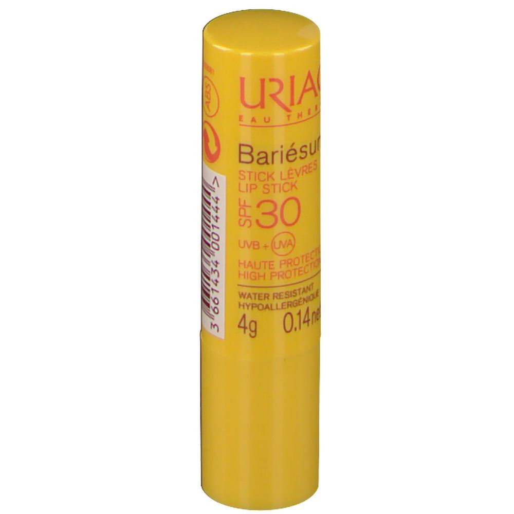 Stick labbra giallo con 'Bariésun'. Contiene SPF 30. Resistente all'acqua.
