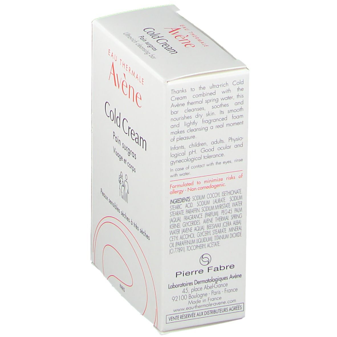 Confezione bianca, vista laterale. Logo e nome prodotto: Cold Cream. Testo: Pain surgras, Visage et corps. Ingredienti e informazioni produttore.