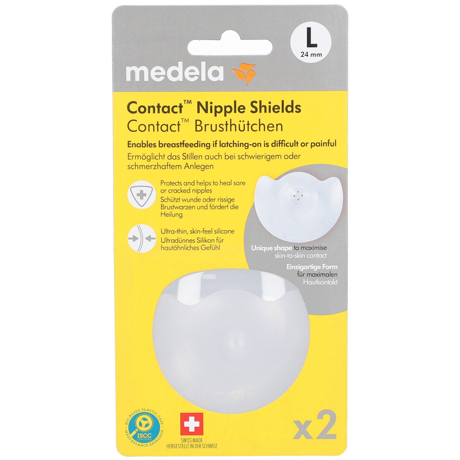 Confezione di due paracapezzoli Medela Contact, taglia L 24 mm. Paracapezzoli in silicone trasparente, confezione gialla.