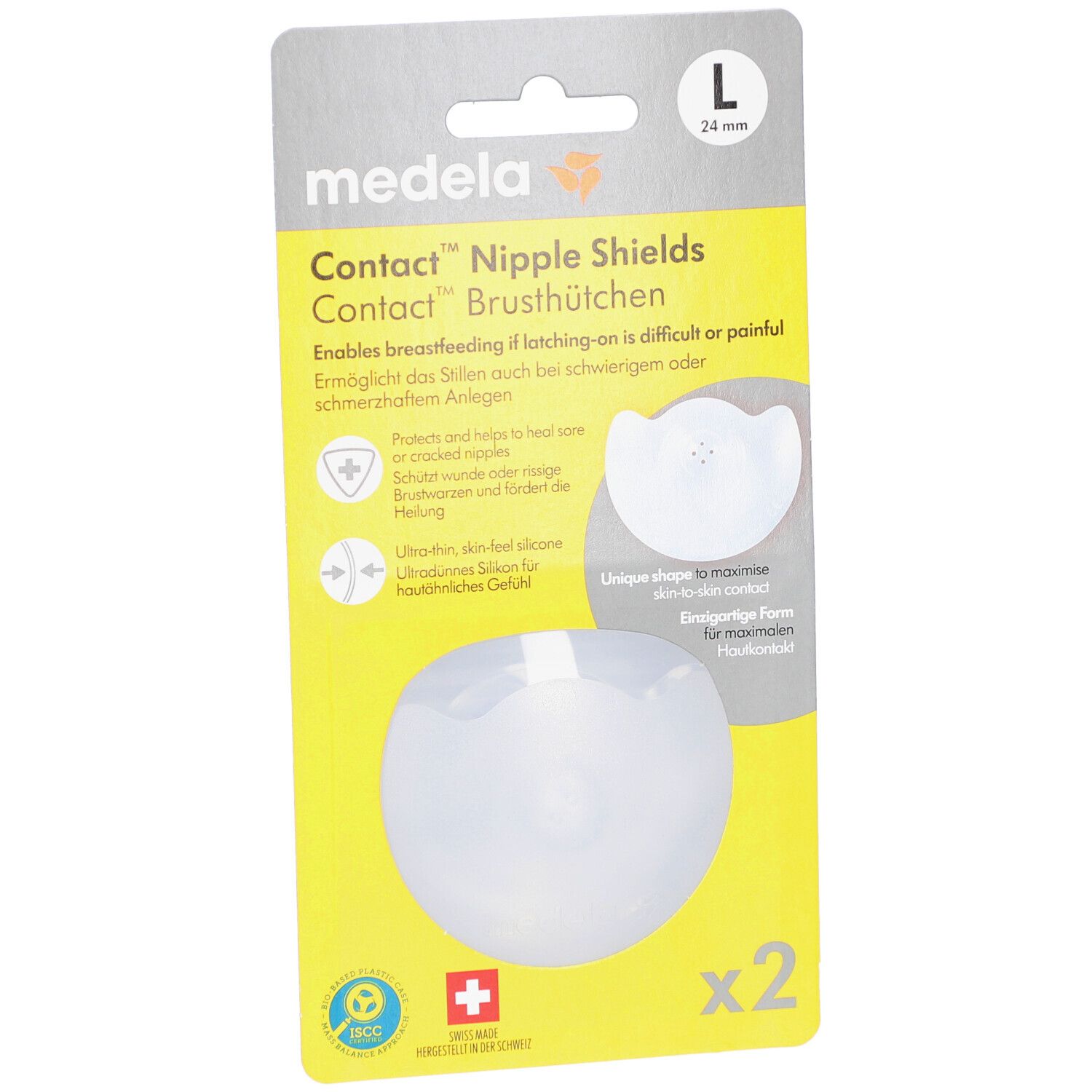 Confezione Medela Contact coppette, taglia L, 24 mm. Confezione gialla con immagine del prodotto e due coppette.