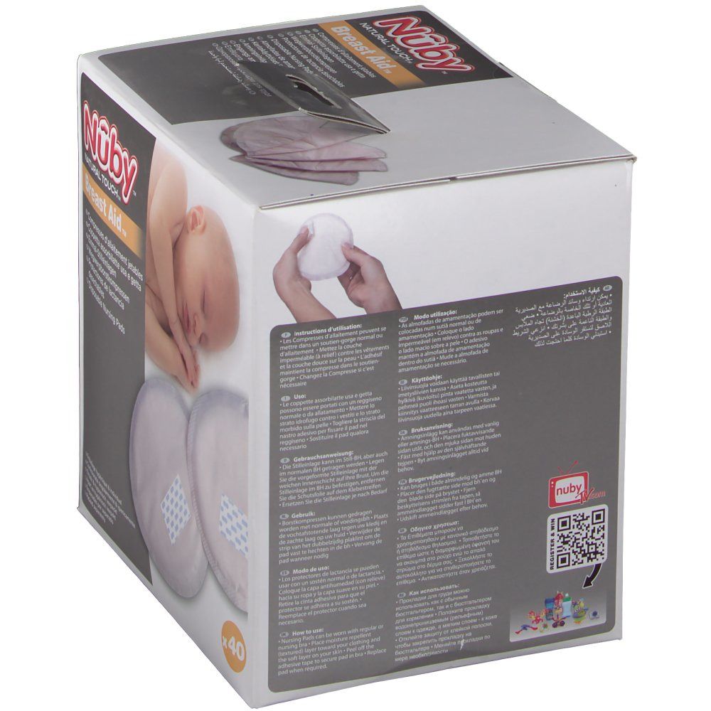 Scatola di cuscinetti per il seno. Marchio Nûby. 40 pezzi. Immagine e testo.