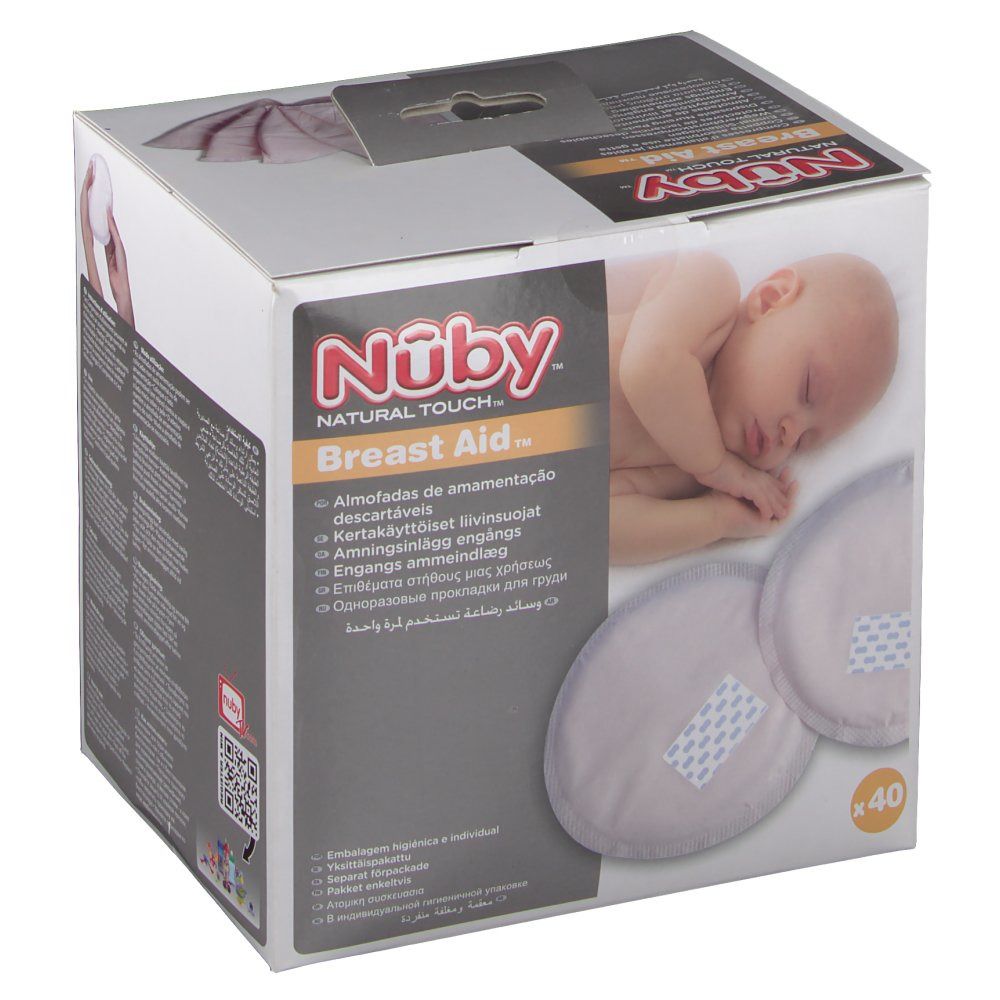 Scatola di cuscinetti per il seno. Marchio Nûby. 40 pezzi. Immagine e testo.