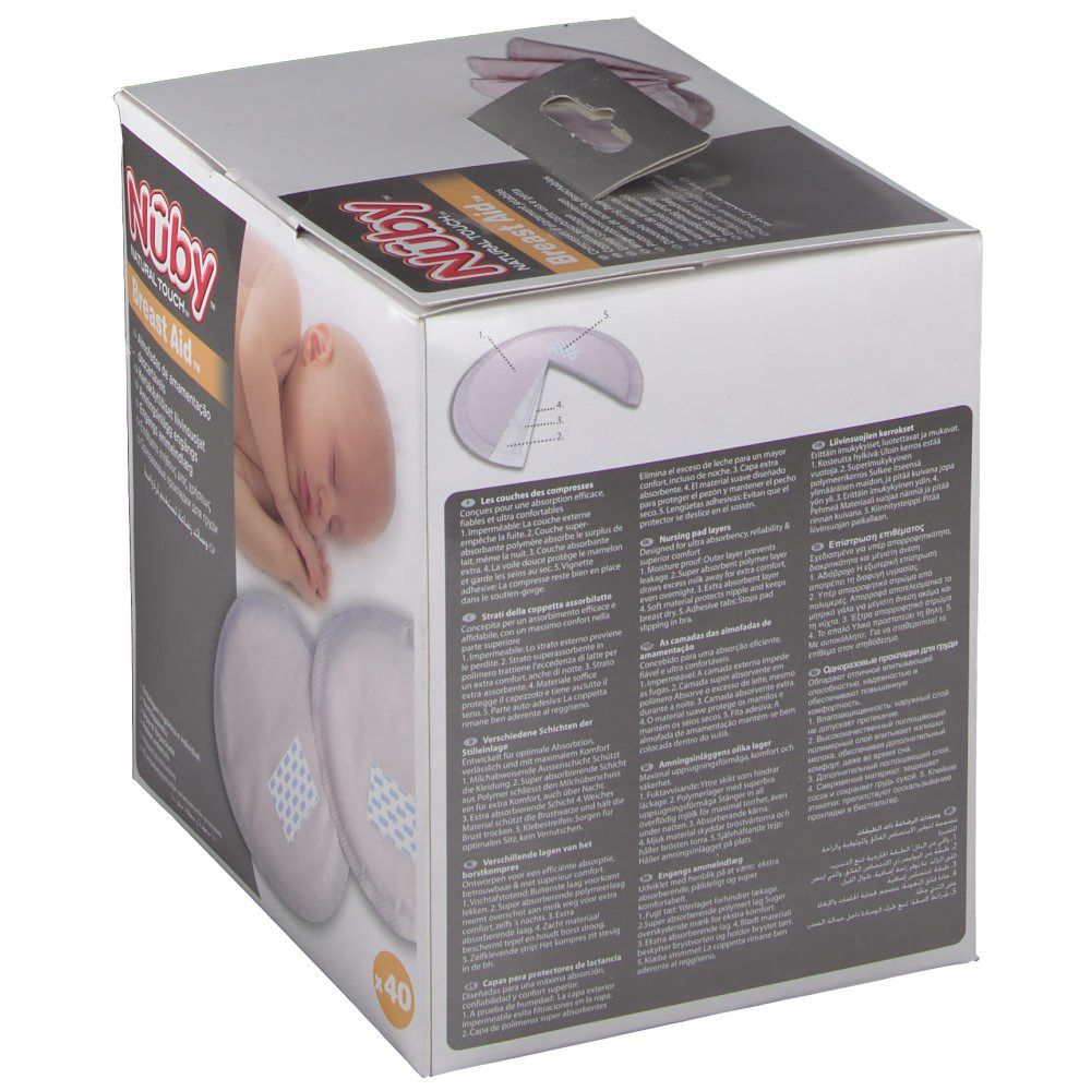 Scatola di cuscinetti per il seno. Marchio Nûby. 40 pezzi. Immagine e testo.