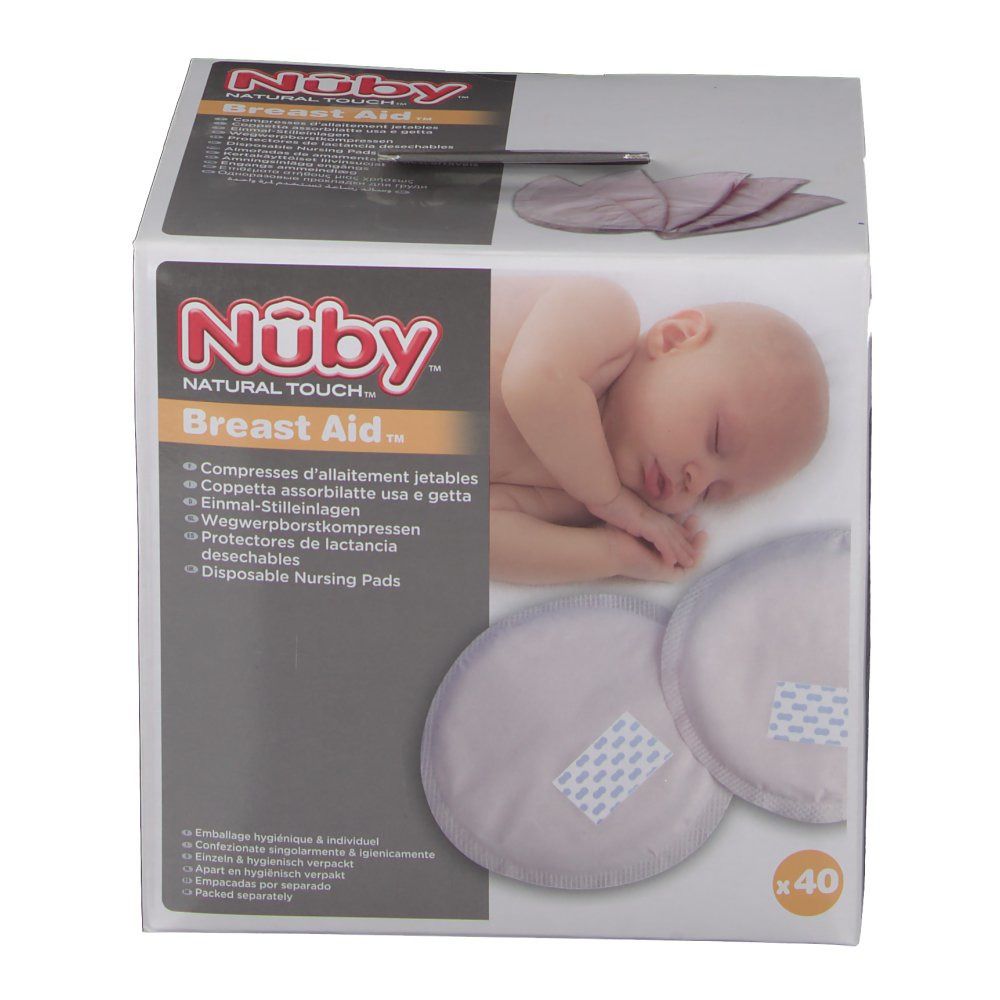 Scatola di cuscinetti per il seno. Marchio Nûby. 40 pezzi. Immagine e testo.