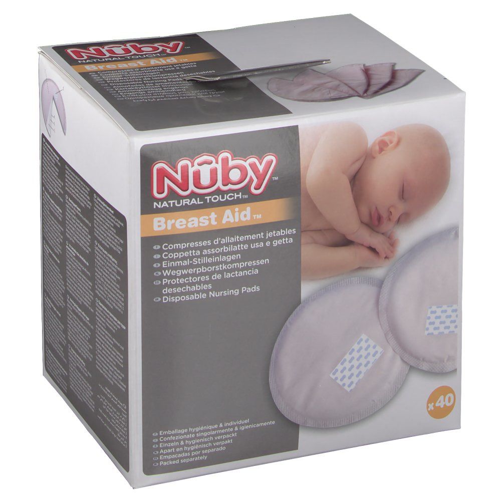 Scatola di cuscinetti per il seno. Marchio Nûby. 40 pezzi. Immagine e testo.