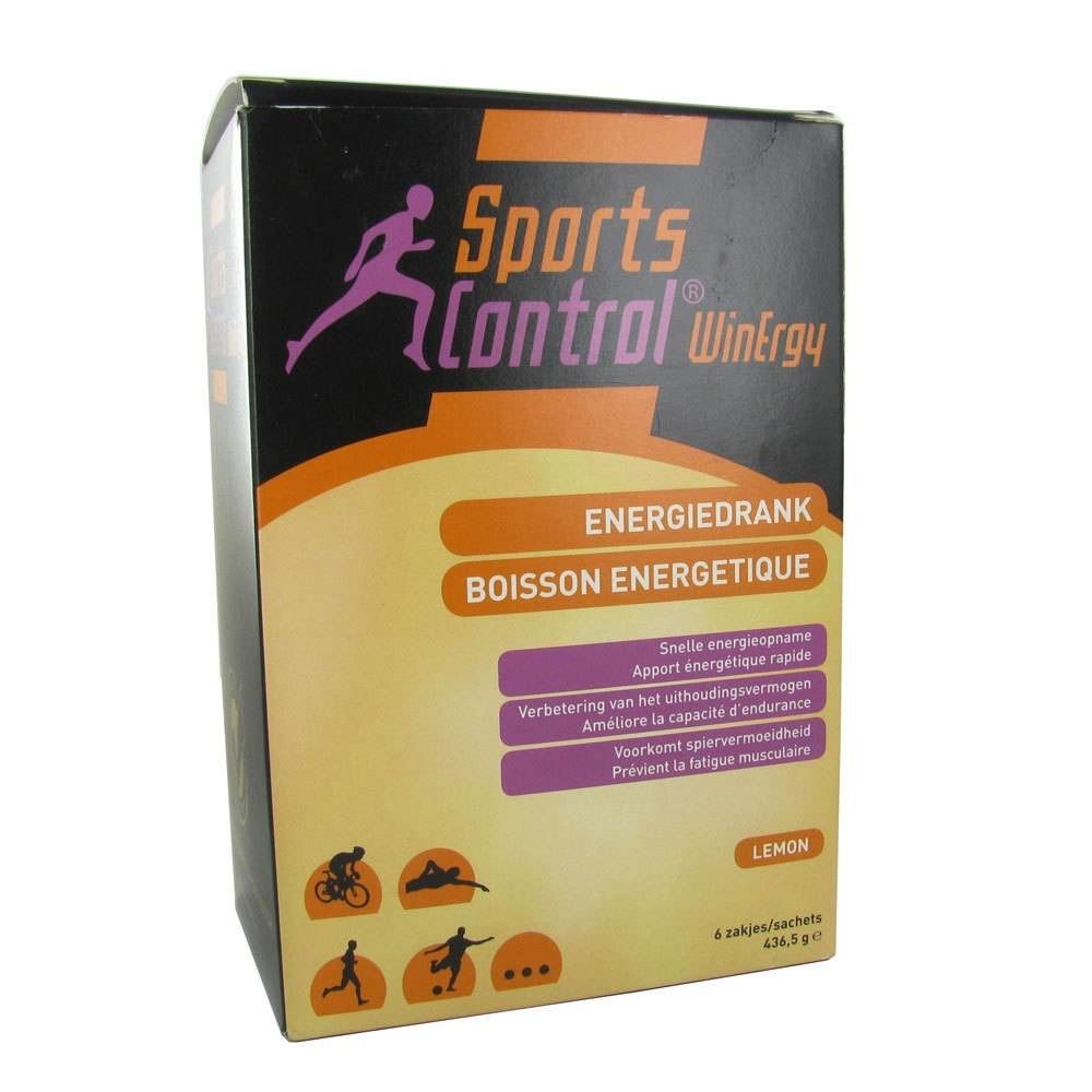 Confezione nera Sports Control WinErgy. Testo in olandese e francese. Icone sportive e sapore limone. Contiene 8 bustine.