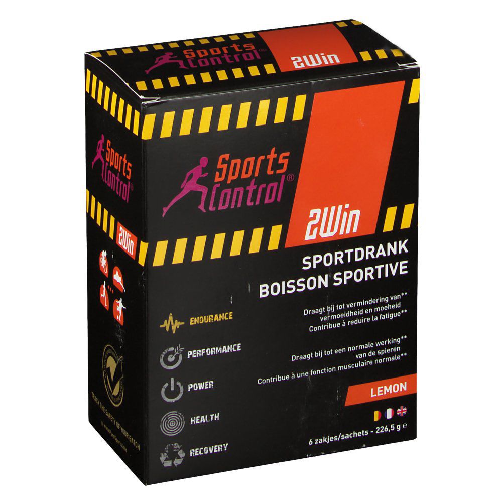 Scatola di Sportscontrol 2Win Lemon. Sfondo nero con strisce gialle. Testo: Sportdrank, Boisson sportive. 6 bustine.