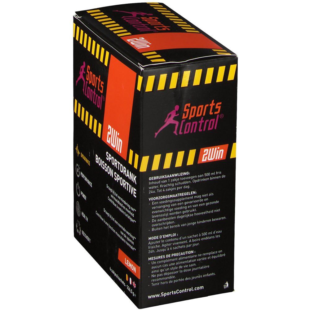 Scatola Sportscontrol 2Win Lemon. Sfondo nero, strisce gialle. Testo: Sportdrank, Boisson sportive. Istruzioni per l'uso e precauzioni.