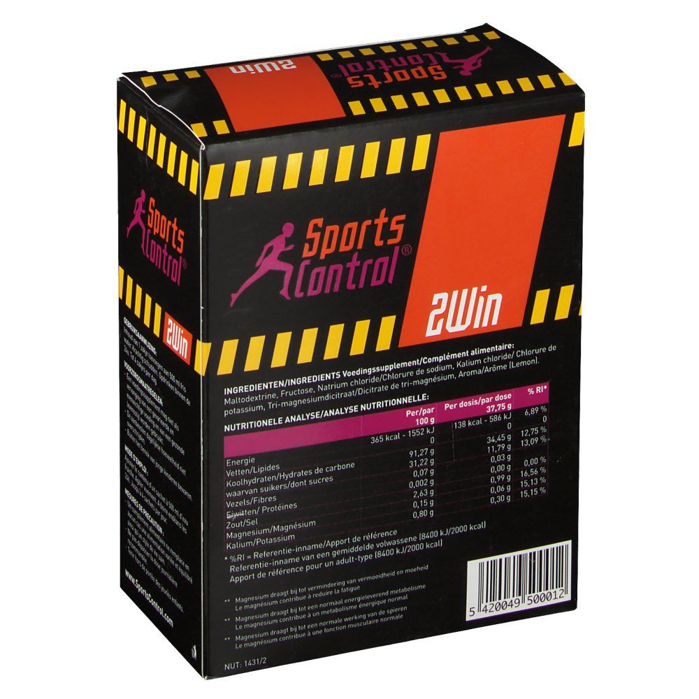 Retro della scatola Sportscontrol 2Win Lemon. Sfondo nero. Testo: Ingredienti, analisi nutrizionali. Tabella nutrizionale.