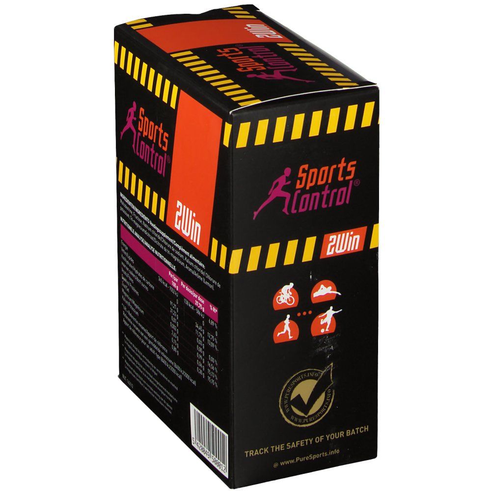 Scatola Sportscontrol 2Win Lemon. Sfondo nero, strisce gialle. Testo: Traccia la sicurezza del tuo lotto. Loghi.