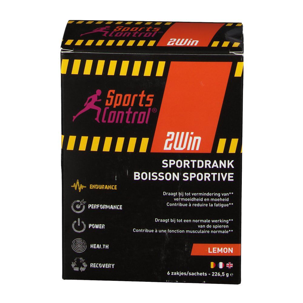 Scatola Sportscontrol 2Win Lemon. Sfondo nero con strisce gialle. Testo: Sportdrank, Boisson sportive. 6 bustine.