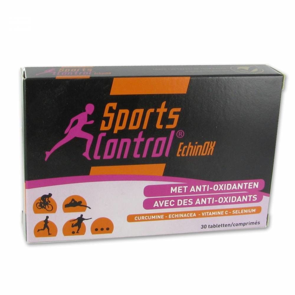 Confezione nera con logo "Sports Control Echinox". Contiene 30 compresse. Testo: "Met anti-oxidanten", "Avec des anti-oxydants".