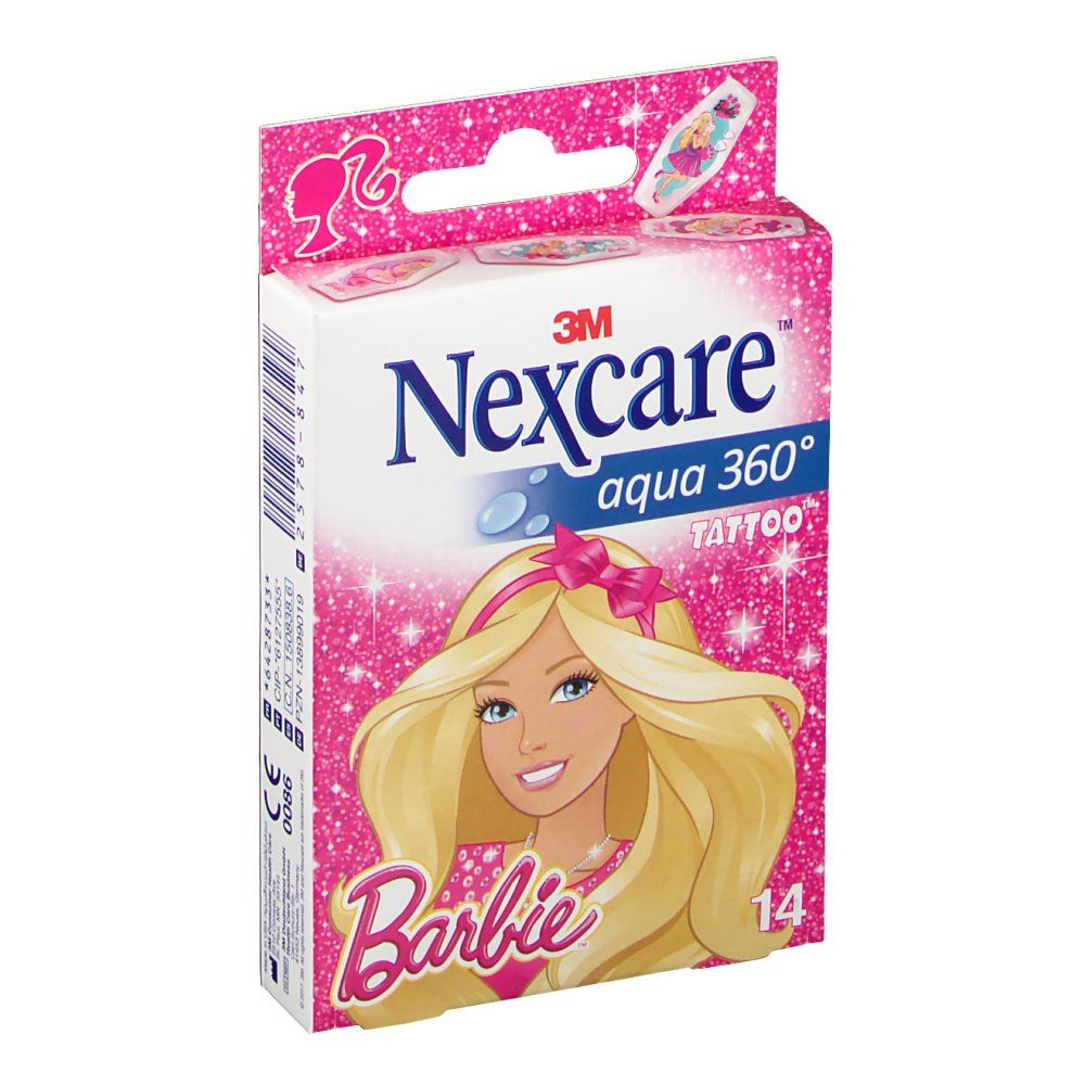 Confezione di cerotti Nexcare Aqua 360 Tattoo Barbie. Contiene 14 cerotti. Illustrazione Barbie e logo Nexcare visibili.