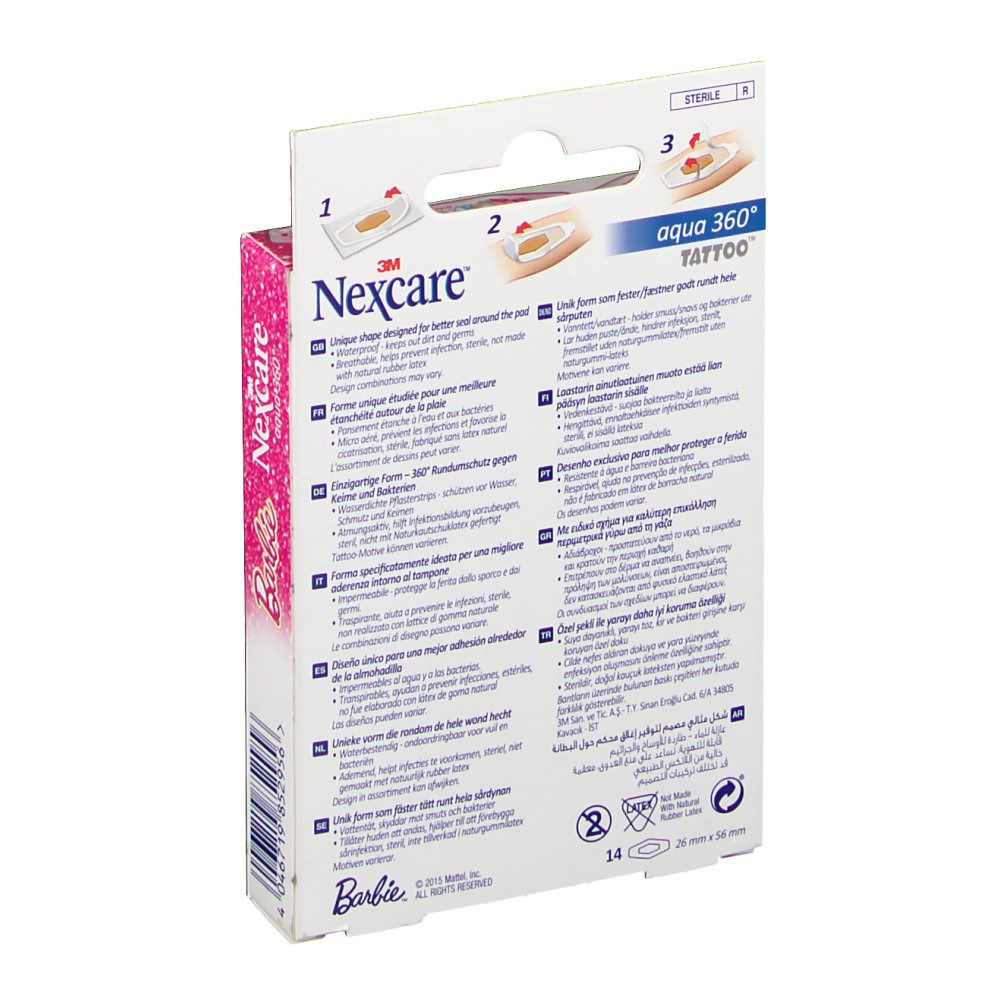 Retro della confezione di cerotti Nexcare Aqua 360 Tattoo Barbie. Testo multilingue. Contiene informazioni e istruzioni.