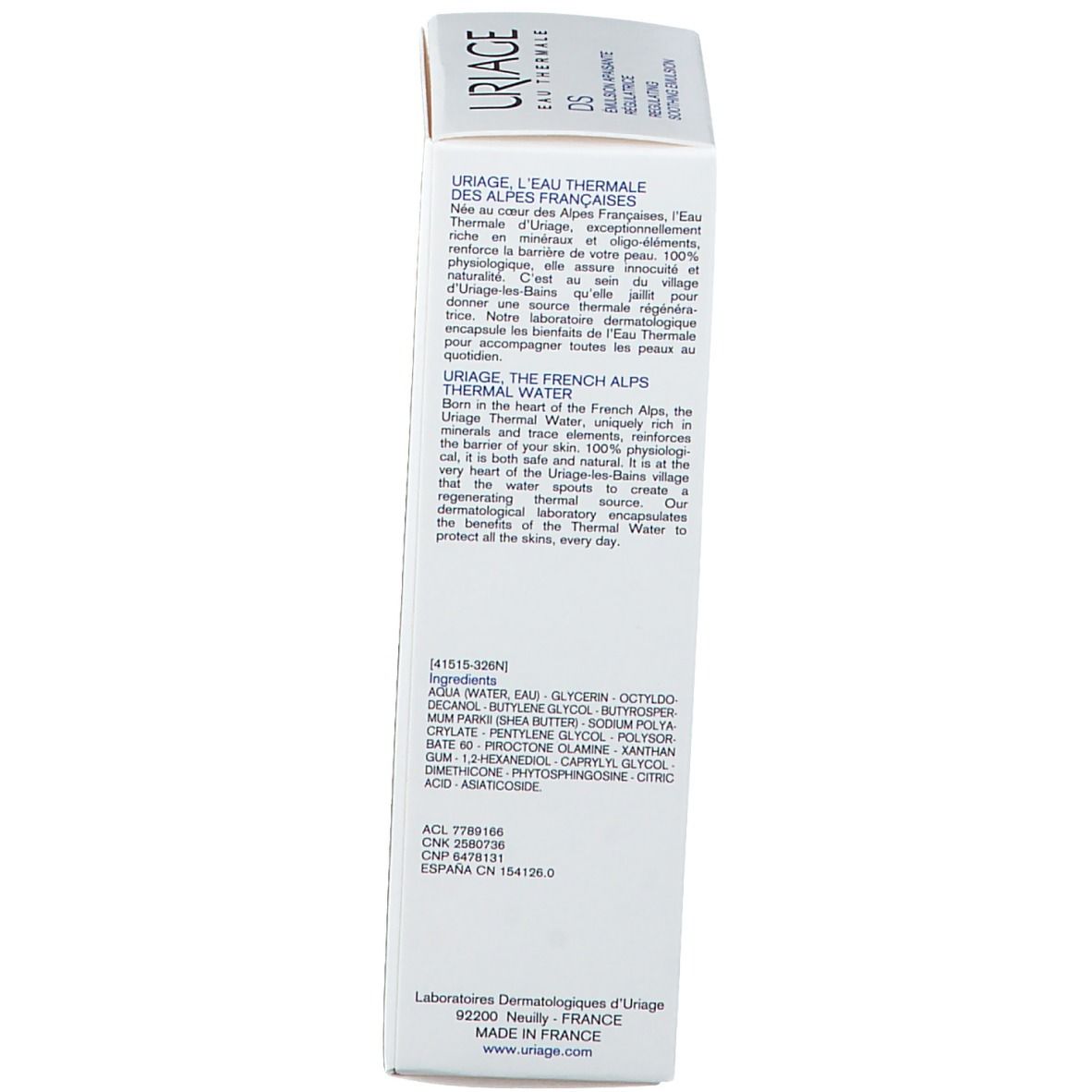 Tre prodotti. Uriage DS Emulsion, Eau Thermale, Uriage DS Gel. Testo: Nettoyer, Apaiser, Purifier.