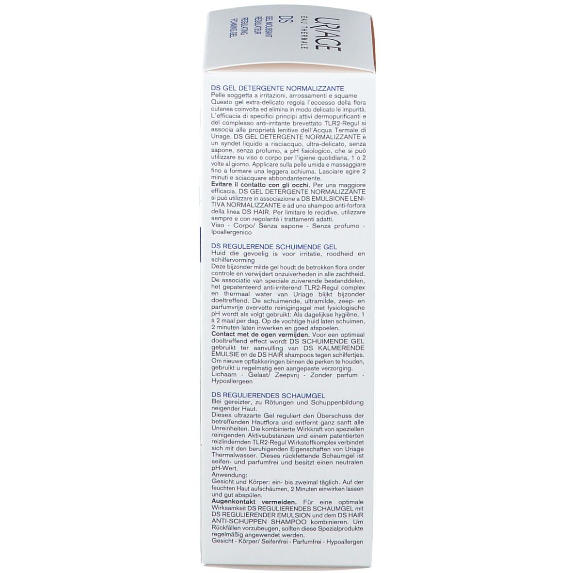 Retro del tubo Uriage DS. Testo: Istruzioni per l'uso in più lingue.