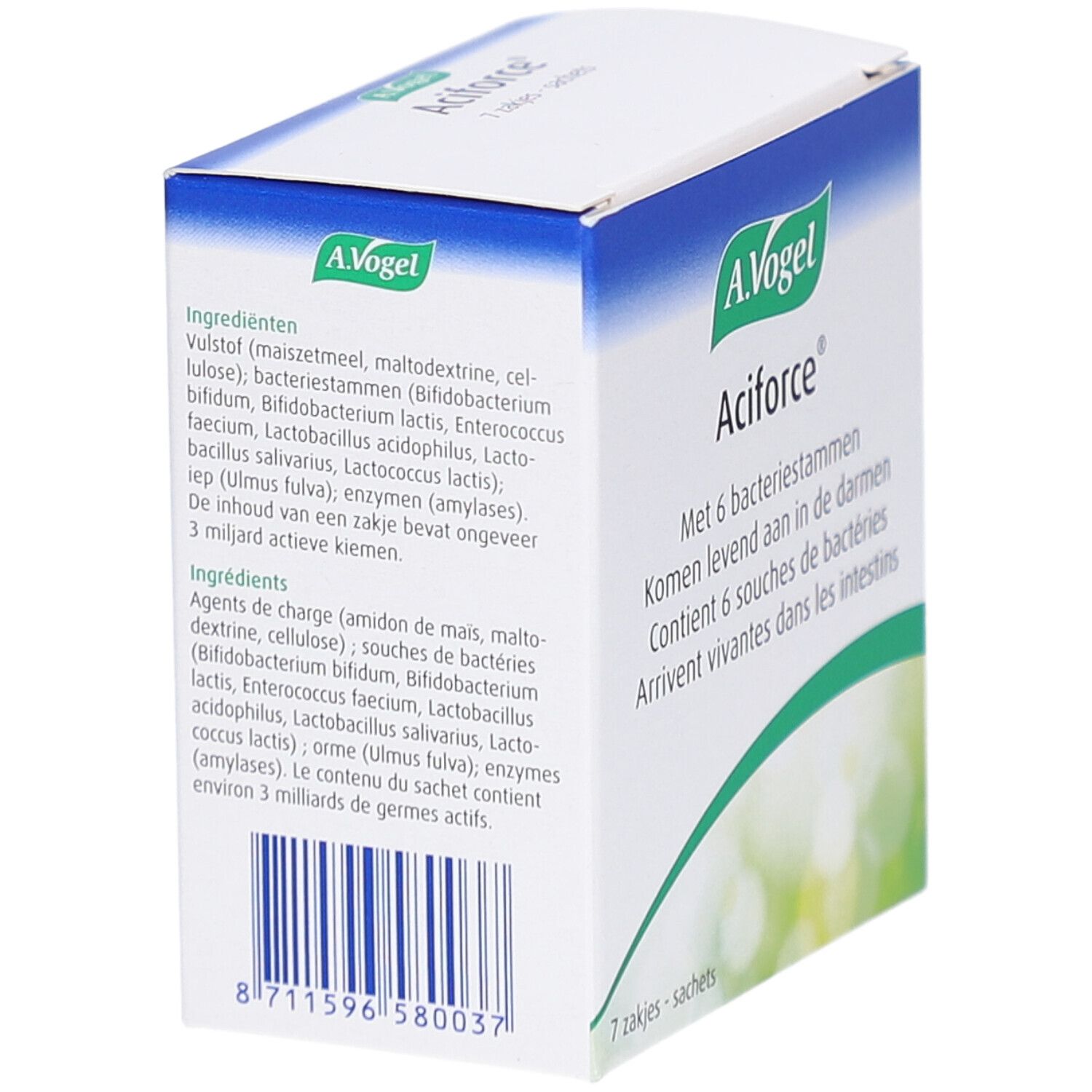 Confezione A. Vogel Aciforce®. Retro della scatola. Contiene l'elenco degli ingredienti e altre informazioni. Testo in olandese e francese.