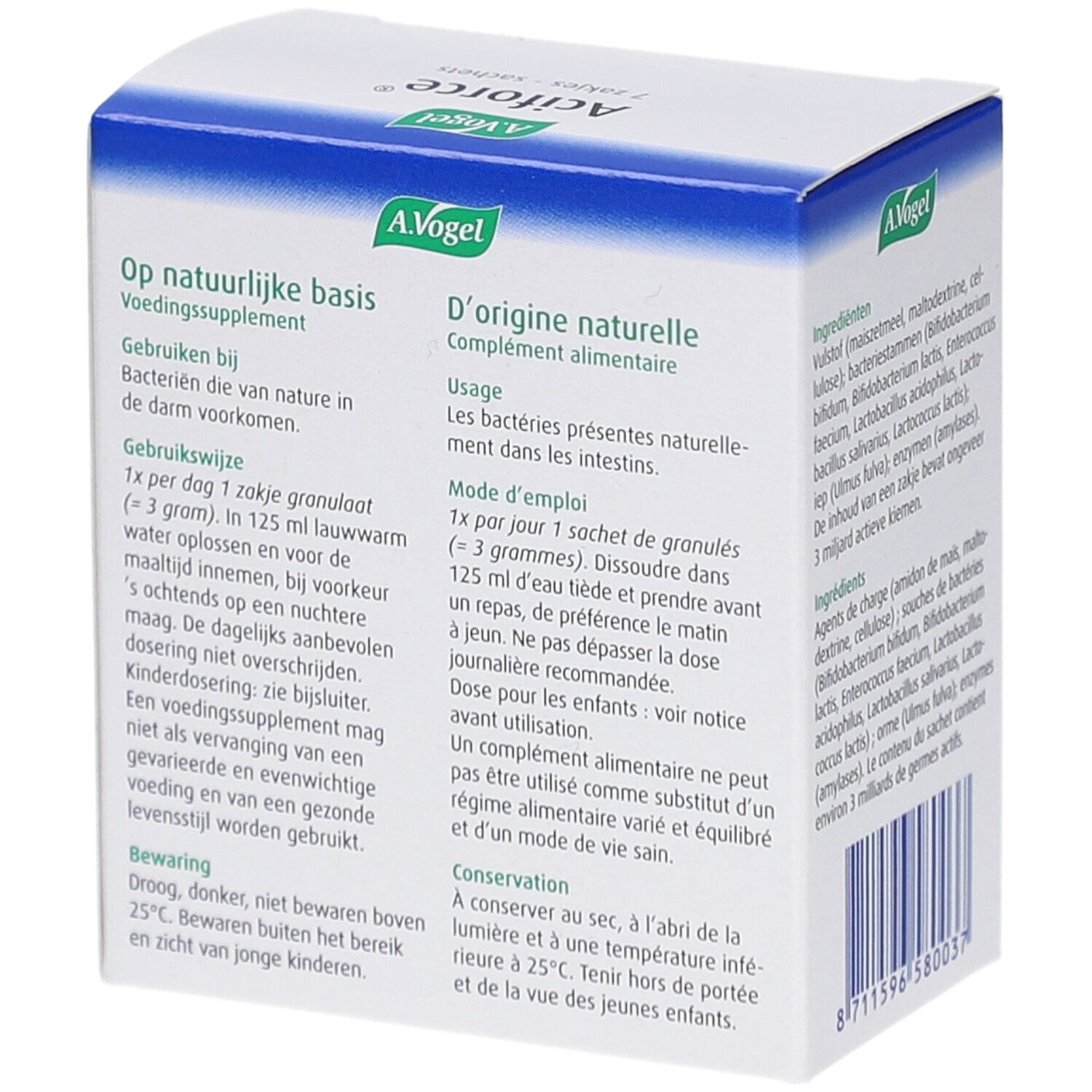 Confezione A. Vogel Aciforce®. Lato della scatola con informazioni. Testo in olandese e francese.