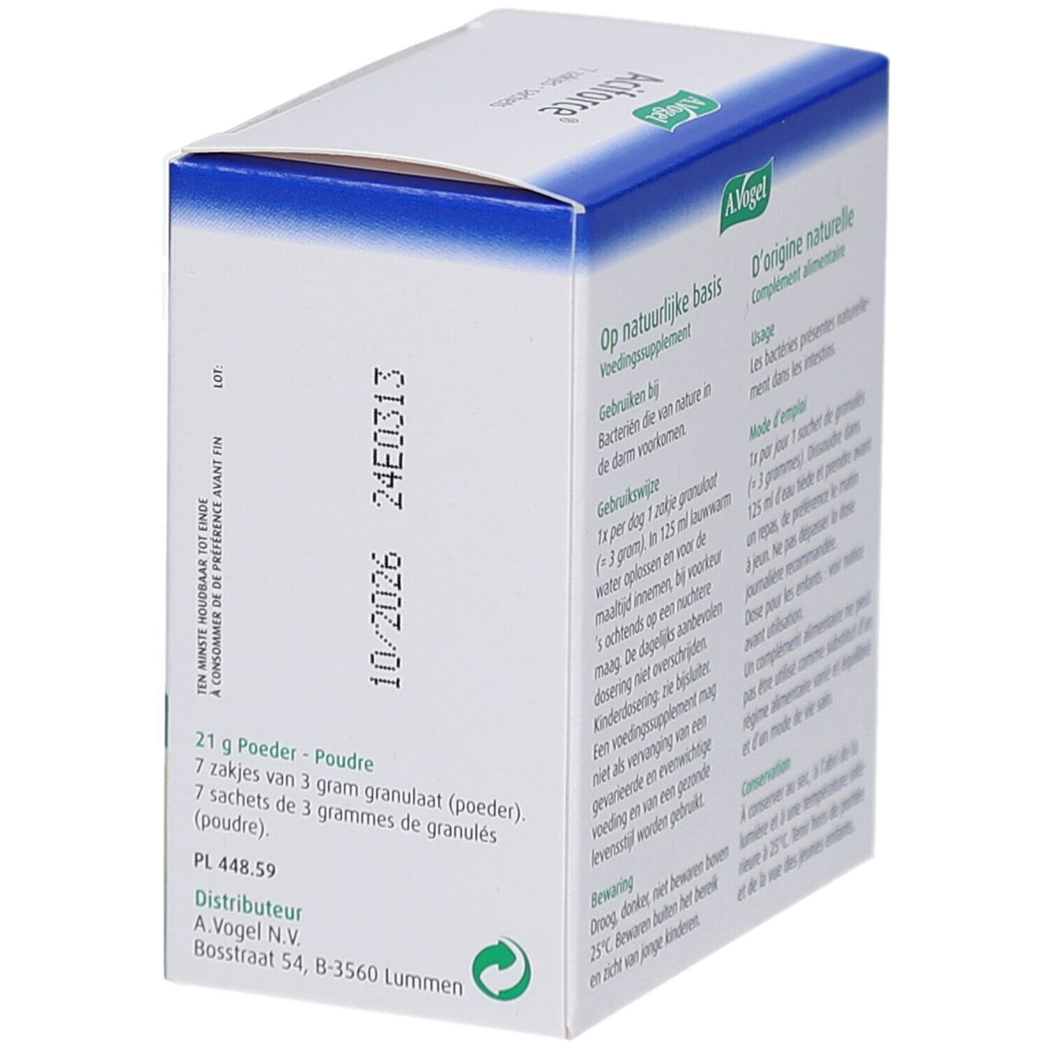 Confezione A. Vogel Aciforce®. Lato della scatola con informazioni. Testo in olandese e francese.