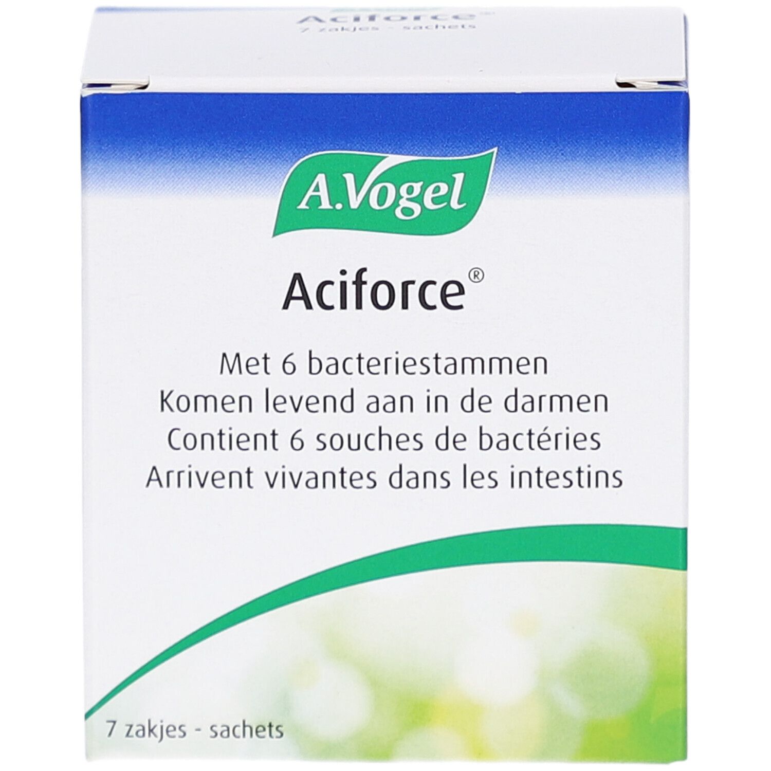 Confezione A. Vogel Aciforce®. Scatola bianca e blu. Contiene 7 bustine. Testo in olandese e francese.