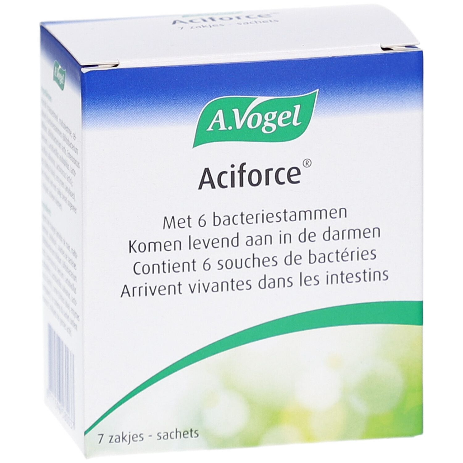 Confezione A. Vogel Aciforce®. Scatola bianca e blu. Contiene 7 bustine. Testo in olandese e francese.