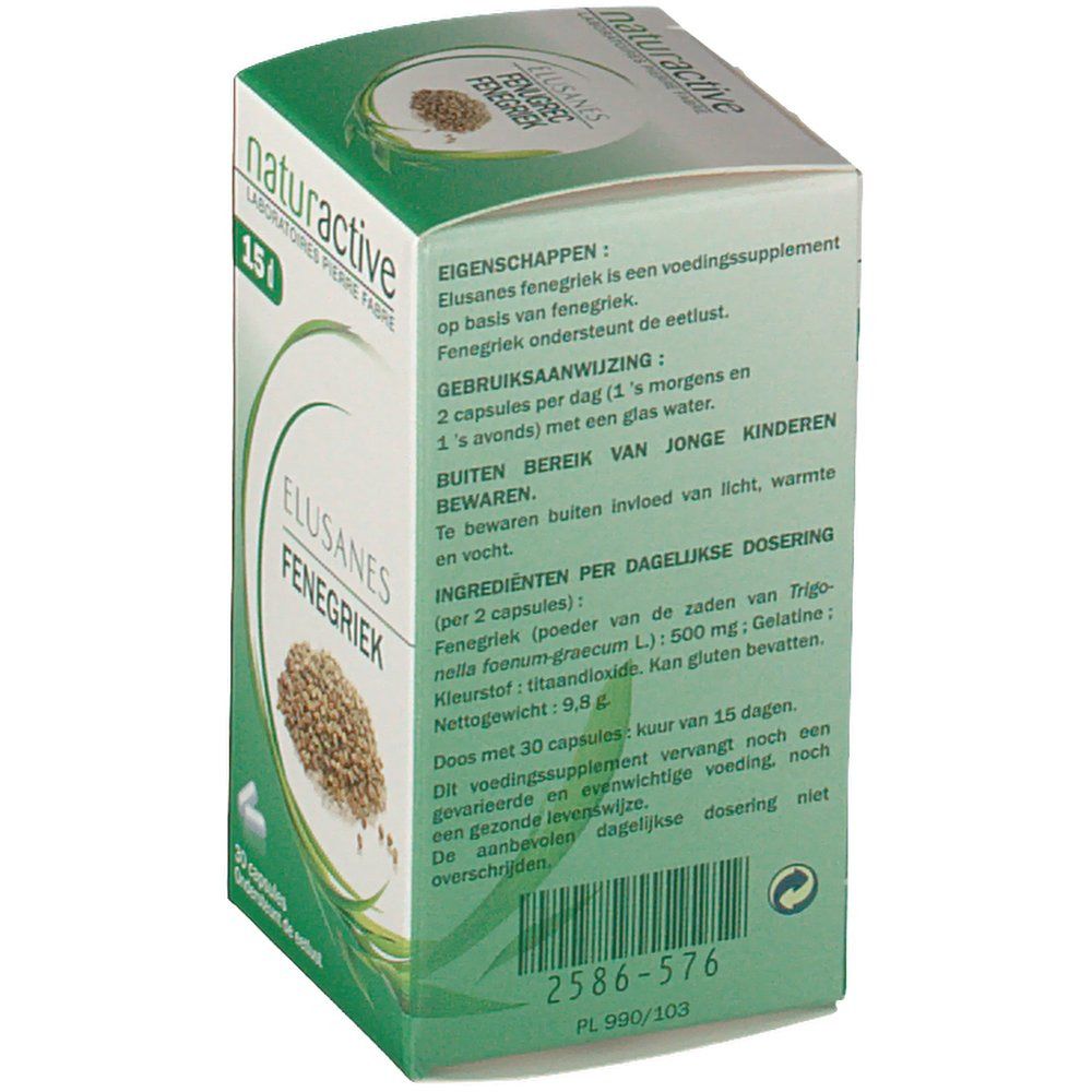 Retro della scatola con testo. Scritta: Elusanes Fieno greco, 30 capsule. Elenco ingredienti. Numero di lotto.