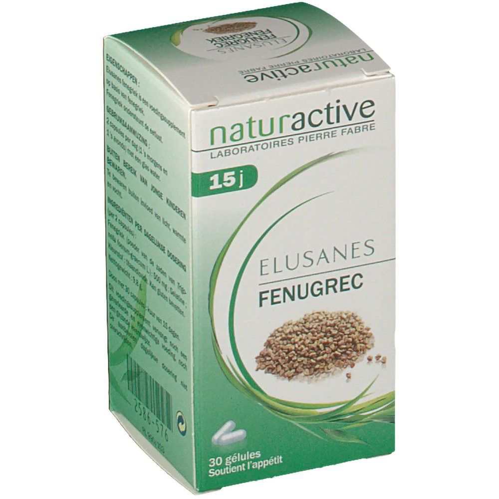 Scatola di capsule. Scritta: naturactive, Elusanes Fieno greco, 15 g. Immagine di semi. 30 capsule.