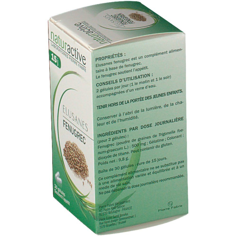 Retro della scatola con testo. Scritta: Elusanes Fieno greco, 30 capsule. Elenco ingredienti. Numero di lotto.
