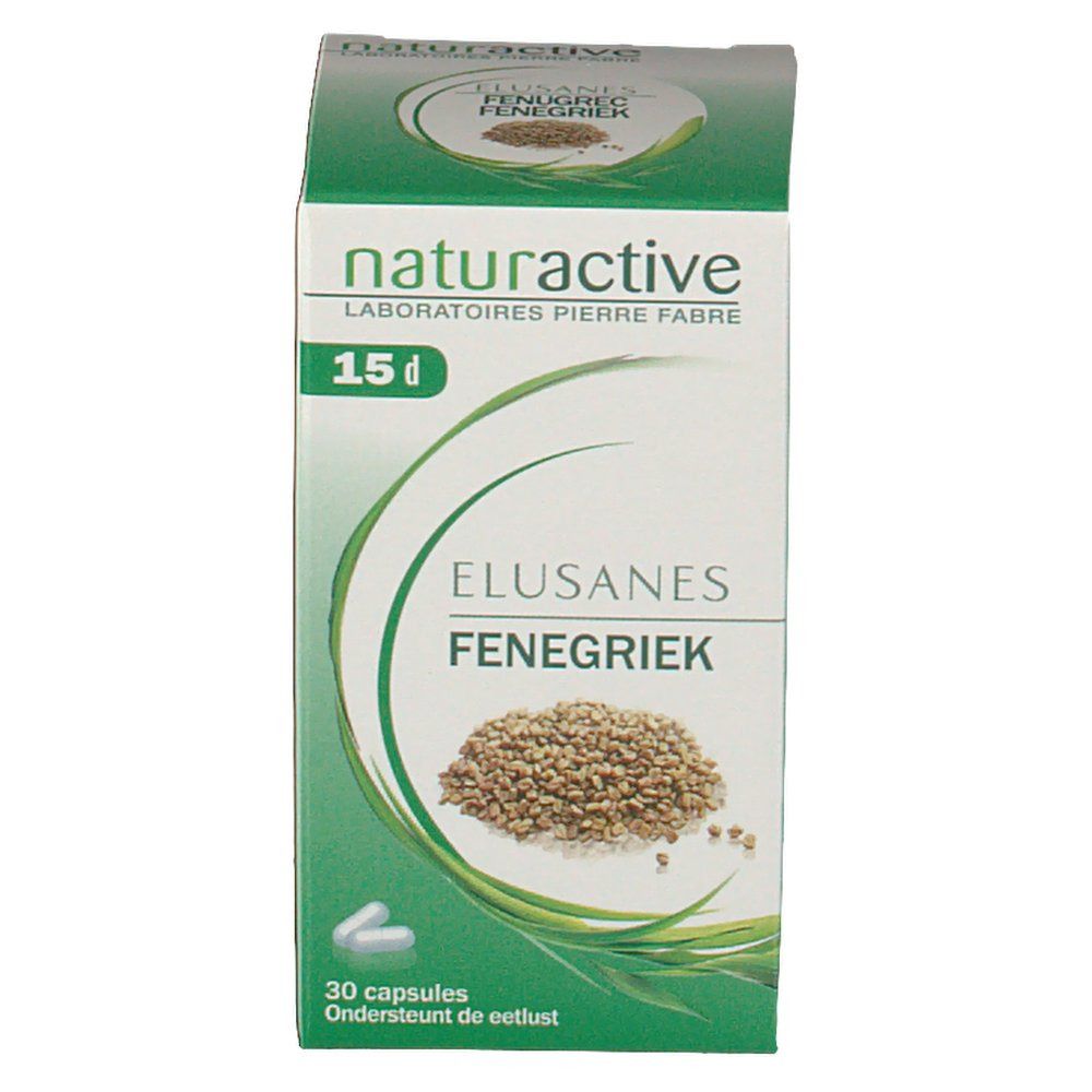 Scatola di capsule. Scritta: naturactive, Elusanes Fieno greco, 15 g. Immagine di semi. 30 capsule.