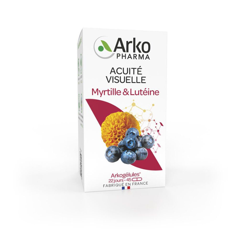 Scatola bianca Arkopharma. Scritta 'Acuite Visuelle', mirtilli e fiore. Contiene 45 capsule. Prodotto in Francia.