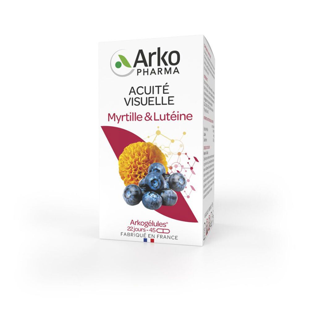 Scatola bianca Arkopharma. Scritta 'Acuite Visuelle', mirtilli e fiore. Contiene 45 capsule. Prodotto in Francia.