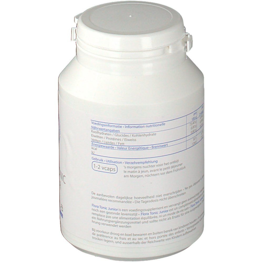 Flacone bianco con coperchio. Retro con testo e informazioni nutrizionali multilingue.