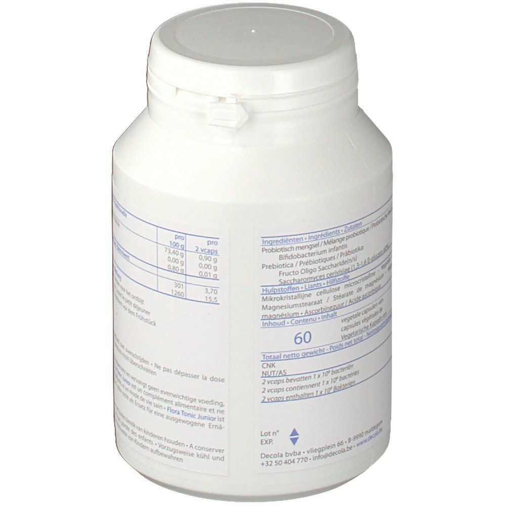 Flacone bianco con coperchio. Retro con testo, ingredienti e informazioni nutrizionali. 60 capsule.