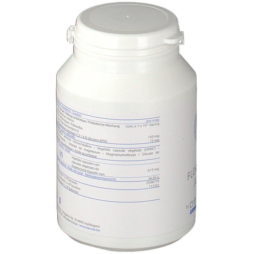 Flacone bianco con coperchio. Retro con testo, ingredienti e informazioni nutrizionali. 60 capsule.