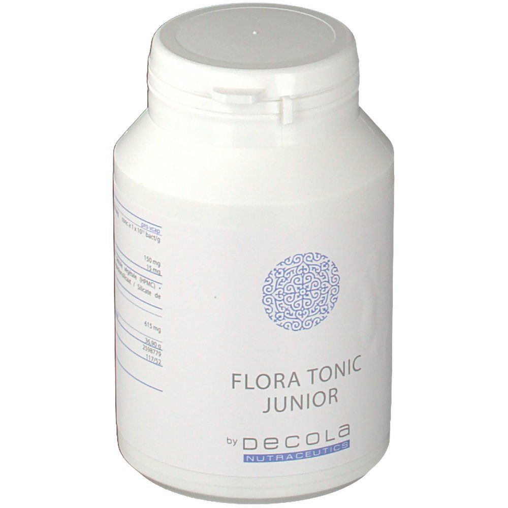 Flacone bianco con coperchio. Scritta: Flora Tonic Junior by Decola. Motivo blu.