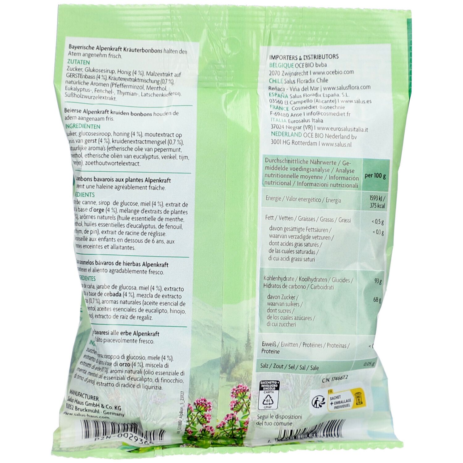 Retro della confezione di caramelle alle erbe Salus Alpenkraft. Informazioni su ingredienti, valori nutrizionali e produttore.
