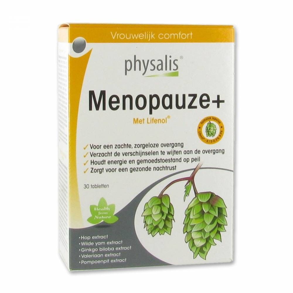 Scatola "Physalis Ménopause+". Testo "Vrouwelijk comfort". Contiene 30 compresse. Illustrazione di luppolo. Con Lifenol.