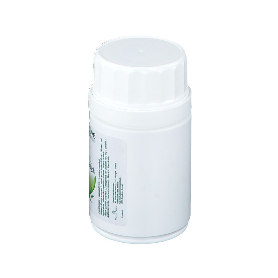 Contenitore cilindrico bianco con tappo a vite. Vista laterale.