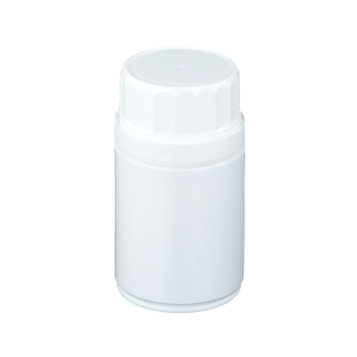 Contenitore cilindrico bianco con tappo a vite.